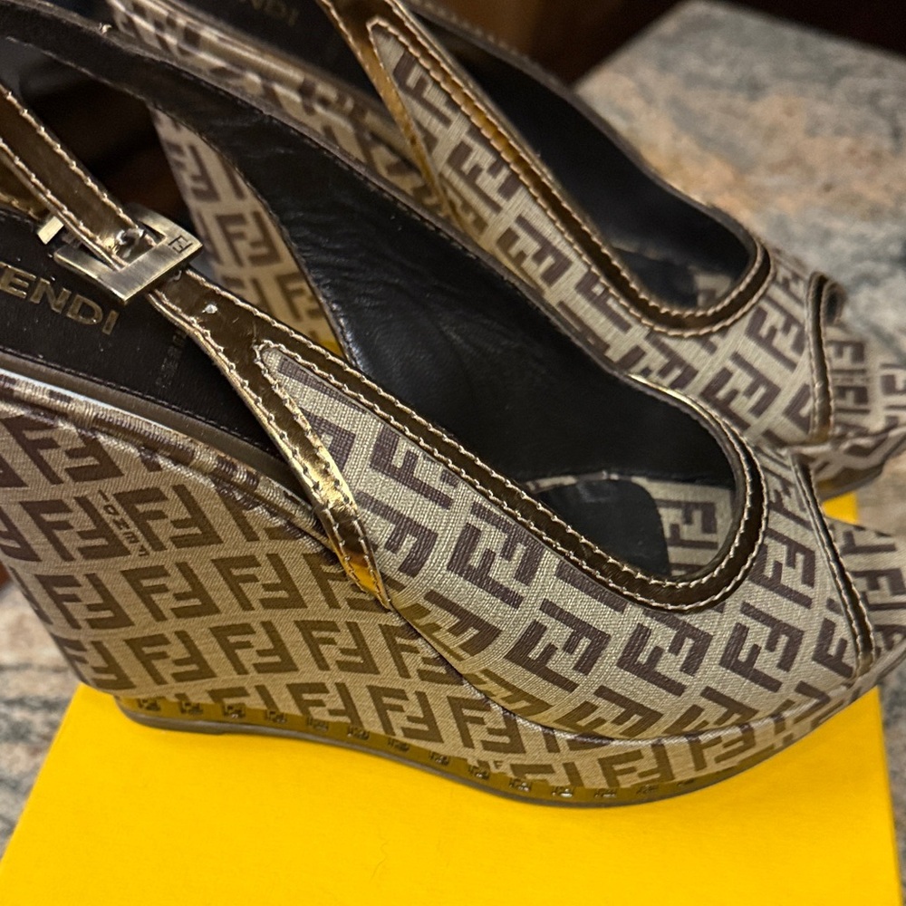 Fendi Beige and Brown Logo Wedge Heels